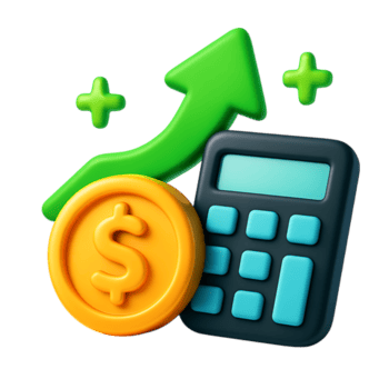 une 3d le rendu de une calculatrice, pièce de monnaie, et ascendant flèche, isolé sur transparent Contexte png