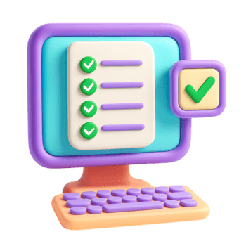 A 3d rendering of a computer screen showing a checklist, isolated on transparent background png