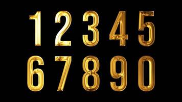 dorado número conjunto 0-9 en 3d. brillante metálico dígitos y tipografía colección aislado en negro antecedentes. Perfecto para cuenta regresiva, aniversario, y lujo diseño proyectos video