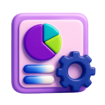 A 3d icon shows a pie chart, settings gear, and control buttons, isolated on transparent background png