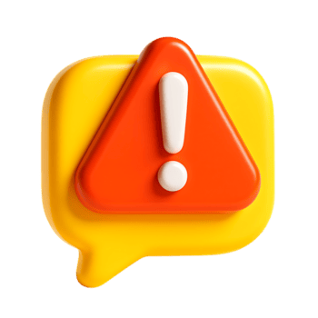 A 3d render of a yellow speech bubble with a red triangle and exclamation mark, isolated on transparent background png