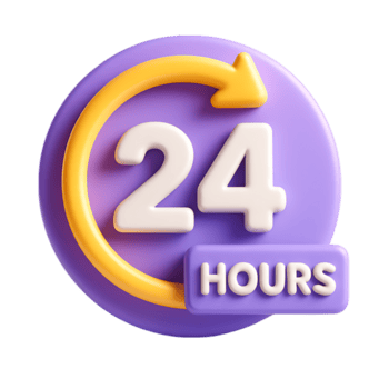 un 3d hacer de un púrpura circulo con un amarillo flecha y el número 24, indicando 24 horas, aislado en transparente antecedentes png