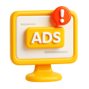 A 3d rendering of a yellow computer monitor displaying an ads button with a red warning sign isolated on transparent background png