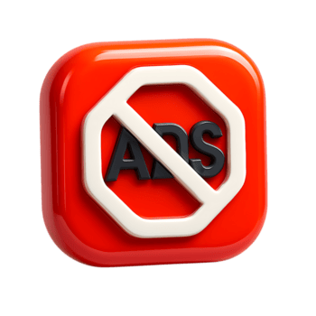 A 3d rendering of a no ads icon on a red square button, isolated on transparent background png