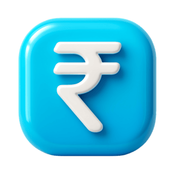 un 3d representación de un indio rupia símbolo en un azul cuadrado botón, aislado en transparente antecedentes png