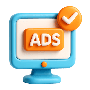 A blue computer monitor with an orange ads button and a checkmark, isolated on transparent background png