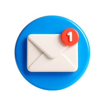 A 3d render of an email icon with a notification of one new message, isolated on transparent background png