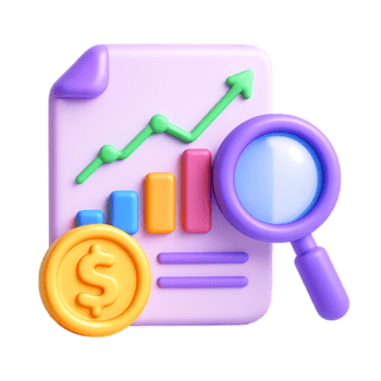 3d render of a graph showing growth with a magnifying glass and coin isolated on transparent background png