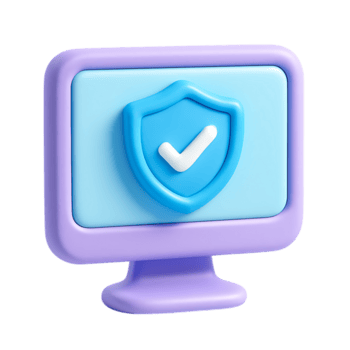 A 3d computer monitor displays a shield with a check mark, isolated on transparent background png