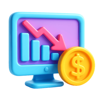 Computer screen showing a downwardpointing arrow on a bar graph, isolated on transparent background png