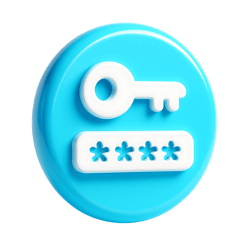 A 3d blue circle button with a white key and password icon, isolated on transparent background png