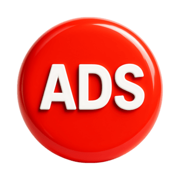 Red circle button with white ads text isolated on transparent background png
