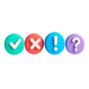 Four colorful 3d buttons with check, cross, exclamation, and question marks isolated on transparent background png