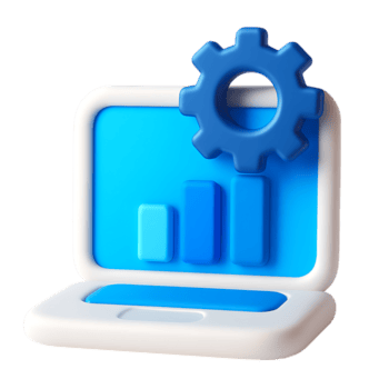 A 3d rendering of a laptop with a gear and graph isolated on transparent background png