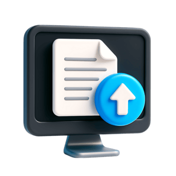 A 3d rendering of a document upload icon on a computer screen, isolated on transparent background png