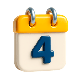 A 3d rendering of a yellow and white calendar icon showing the number four, isolated on transparent background png