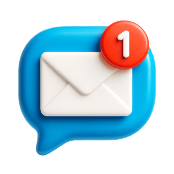A 3d render of a blue speech bubble with a white email icon and a red notification number one, isolated on transparent background png