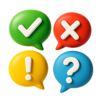 Four 3d speech bubbles with check mark, cross, exclamation, and question mark, isolated on transparent background png