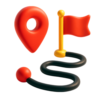 A 3d rendered map icon with a location pin, flag, and path, isolated on transparent background png