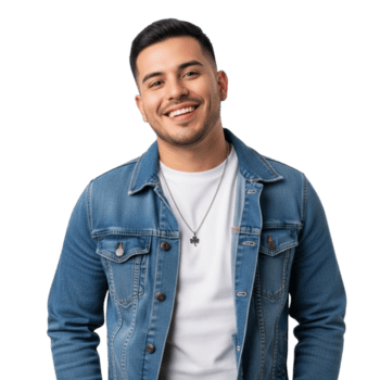 bello giovane uomo con un' allegro espressione è in posa con fiducia con il suo braccia attraversato, isolato su bianca sfondo png