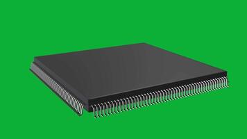 3d quadrado integrado o circuito ic com pernas rotativo em verde tela fundo realista eletrônico microchip componente animação para o circuito projeto, eletrônicos, e tecnologia projetos video