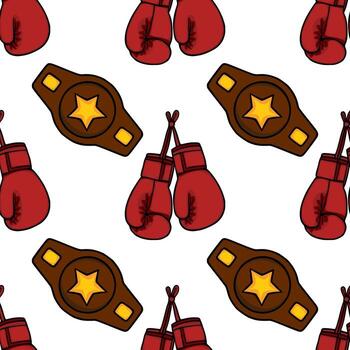 Seamless pattern featuring red boxing gloves and champion belts with a golden star, creating a dynamic and energetic sports themed design. vector