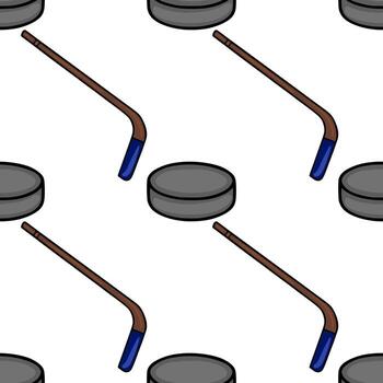 Seamless pattern featuring a repeating design of hockey sticks and pucks, rendered in a simplistic cartoon style with brown sticks and dark grey pucks against a white background, ideal for s... vector