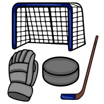 A playful illustration featuring a hockey net, puck, stick, and glove, rendered in a cartoonish style with bold outlines and flat coloring. vector
