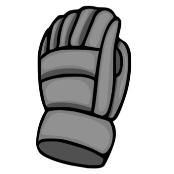 A illustration of a grayscale hockey goalie glove, showcasing detailed stitching and padding, presented in a dynamic three quarter view against a clean white background. vector