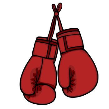 A illustration of a pair of red boxing gloves hanging by a tied string, showcasing a bold, hand drawn style with dark outlines and a slightly glossy effect. vector