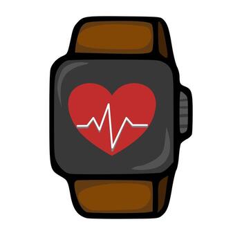 un ilustración de un reloj inteligente con un marrón cuero Correa, mostrando un rojo corazón con un latido del corazón monitor gráfico, simbolizando salud y aptitud rastreo tecnología. vector
