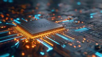 närbild av cpu bearbetning data på aktiva pc moderkort yta video