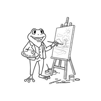 An anthropomorphic frog painter creating artwork on an easel. Line art illustration showing creativity and an artistic hobby. vector