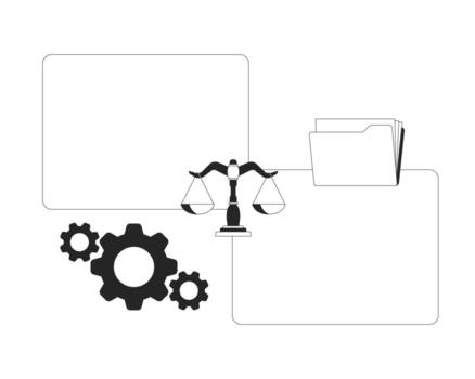 Legal data management with files and justice scale line illustration concept. Folders, gears and law system digital interface outline 2D composition isolated. Ink linear metaphor art vector