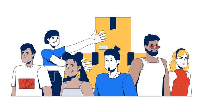 Low demand 2D illustration concept. Oversupply. Consumer interest lack. Unsold boxes and diverse customers with dissatisfied expressions cartoon characters isolated. Flat abstract metaphor vector