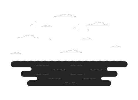 Calm ocean with clouds and soaring seagulls outline illustration. Seabirds flight. Open sea, sky water horizon with flying birds 2D line scene isolated on white. Monochrome ink linear image vector