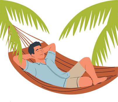 hombre relajante en hamaca debajo palma arboles vector