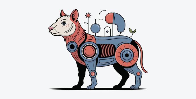 Stylized Dog with Mechanical Components and Abstract Botanical Elements Illustration vector