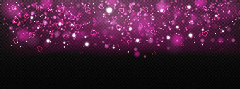 Shiny heart overlay with dark light rays, sparkling confetti, glitter and pink red glow. Stock illustration in abstract style. vector