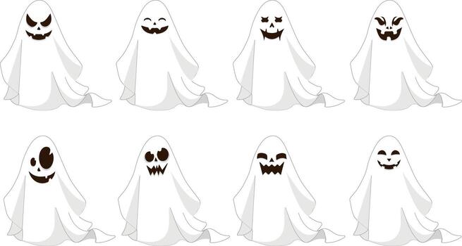 set of ghost icons with different spooky and funny faces in flat design. Cute and light style suitable for Halloween, web design, mobile apps, decor and print vector