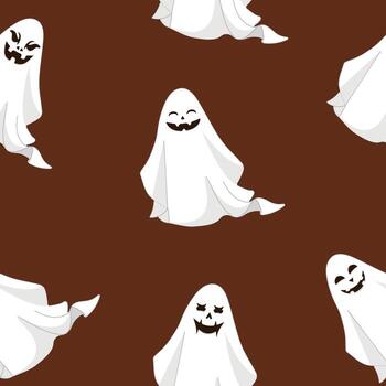pattern with ghost icons with different spooky and funny faces in flat design on brown background. Cute and light style suitable for Halloween, web design, mobile apps, decor and print vector