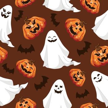 pattern with ghost icons with different spooky and funny faces, with pumpkins and bats on brown background. Cute and light style suitable for Halloween, web design, mobile apps, decor and print vector