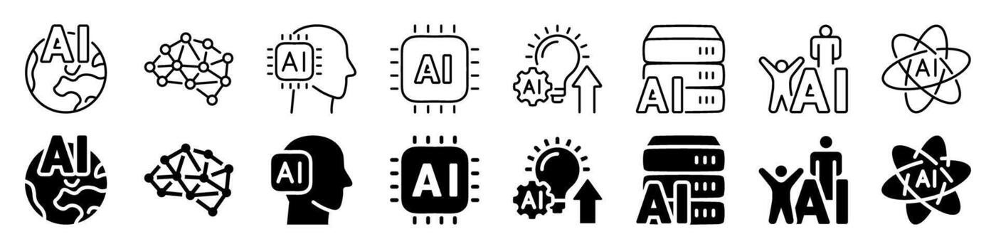 ai concepto icono conjunto con chip, cerebro, y red. lineal y silueta estilo. vector