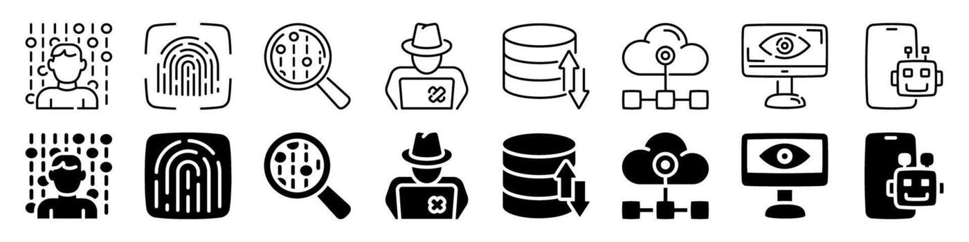 Cybersecurity and identity icon set. Linear and silhouette style. vector
