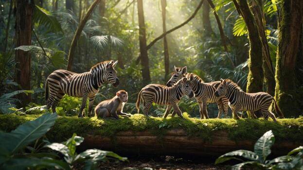 A group of zebras and a monkey resting on a moss-covered log in a lush, vibrant jungle setting photo