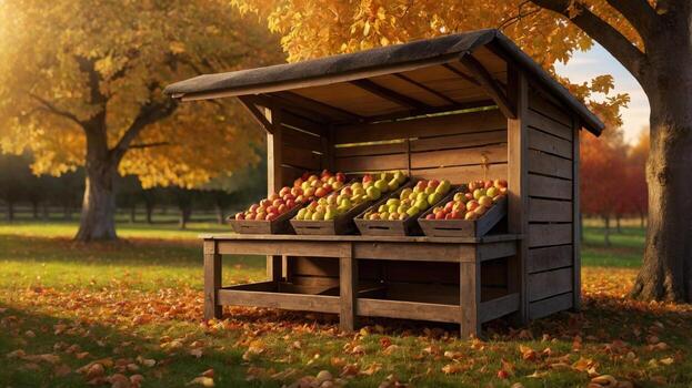 Rustic fruit stand displaying colorful apples under vibrant autumn trees in a serene park setting photo