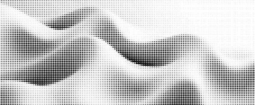 An abstract halftone background with a dynamic wavy pattern. The black and white dot pattern creates a modern visual texture for graphic design projects, backgrounds, and web banners. vector