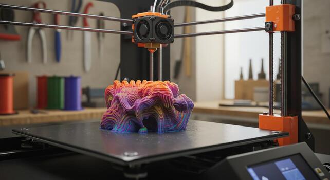 Close-up of 3D printer producing colorful prototype object inside modern workshop environment photo