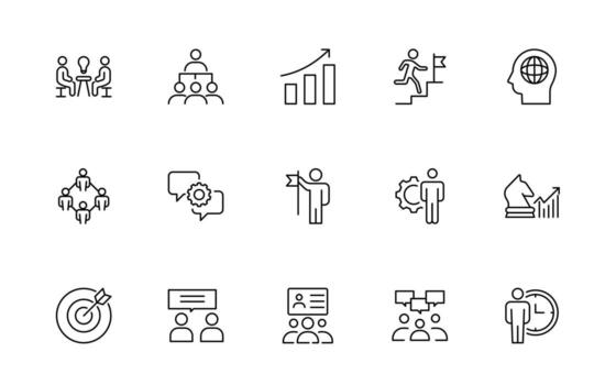 Teamwork line icon of coworking space icons. Business teamwork, team building, work group, and human resources line icon set. vector