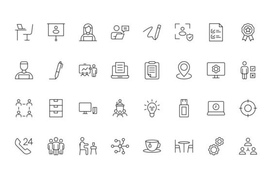 Teamwork minimal line icons collection. Set of coworking space icons. Business teamwork, team building, work group, and human resources line icon set. vector